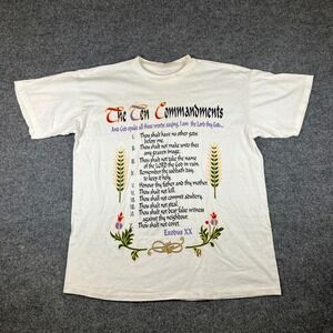 Vintage Ten Commandments Shirt Mens XL White Jesus God Christ Single Stitch USA